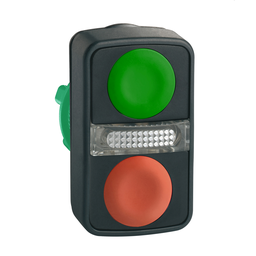 ZB5AW7A3740 – Illuminated double headed push button head, Harmony XB5, plastic, 22mm, 1 green flush   1 pilot light   1 red flush, unmarked