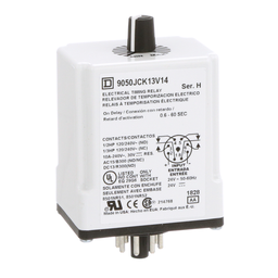 9050JCK13V14 – Timing Relay, Type JCK, plug In, on delay, adjustable time, 0.6 to 60 seconds, 10A, 240 VAC, 24 VAC/DC
