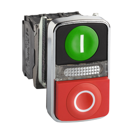 XB4BW73731B5 – Illuminated double headed push button, Harmony XB4, metal, 22mm, 1 green flush I   1 pilot light   1 red projecting O, 1 NO   1 NC
