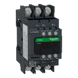 LC1D50A6M7 – IEC contactor, TeSys Deca, nonreversing, 50A, 40HP at 480VAC, 3 phase, 3 pole, 3 NO, 220VAC 50/60Hz coil, open style