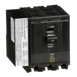QO3401021 – Mini circuit breaker, QO, 40A, 3 pole, 120/240VAC, 10kA, plug in, AC shunt