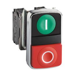 XB4BL73415 – Double headed push button, Harmony XB4, metal, 22mm, 1 green flush marked I   1 red projecting marked O, 1NO 1NC