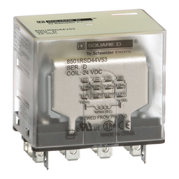 8501RSD44V53 – Relay, Type R, plug in, miniature, 1HP at 277VAC, 15A resistive at 120VAC, 14 blade, 4PDT, 4NO, 4NC, 24VDC coil