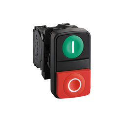 XB5AL73415 – Double headed push button, Harmony XB5, plastic, 22mm, 1 green flush marked I   1 red projecting marked O, 1NO 1NC