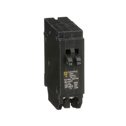 HOMT1520 – Tandem circuit breaker, Homeline, 1 x 1 pole at 15A, 1 x 1 pole at 20A, 120/240VAC, 10kA AIR, plug in, UL