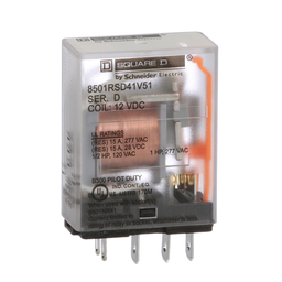 8501RSD41V51 – Plug in relay, Type R, miniature, 1 HP at 277 VAC, 15A resistive at 120 VAC, 5 blade, SPDT, 1 NO, 1 NC, 12 VDC coil