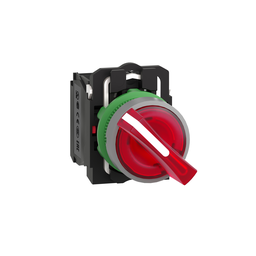 XB5AK124B5C0 – Illuminated selector switch, Harmony XB5, universal LED, grey bezel, red handle, 22mm, 2 positions, stay put, 1NO   1NC, 24V AC DC