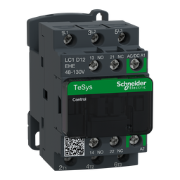 LC1D12EHE – IEC contactor, TeSys Deca Green, nonreversing, 12A, 7.5HP at 480VAC, up to 100kA SCCR, 3 phase, 3 NO, 48/130VAC/VDC coil