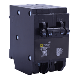 HOMT2020240CP – Tandem circuit breaker, Homeline, 2 x 1 pole at 20A, 1 x 2 pole at 40A, 120/240VAC, 10kA AIR, plug in, UL