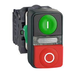 XB5AW73731B5 – Illuminated double headed push button, Harmony XB5, plastic, 22mm, 1 green flush I   1 pilot light   1 red projecting O, 1 NO   1 NC