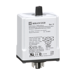 9050JCK12V20 – Timing Relay, Type JCK, plug In, on delay, adjustable time, 0.3 to 30 seconds, 10A, 240 VAC, 120 VAC/110 VDC