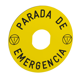 ZBY8430 – Marked legend, Harmony XB4, Harmony XB5, yellow, 90mm, for emergency stop, marked PARADA DE EMERGENCIA/logo ISO13850