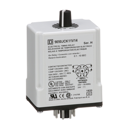 9050JCK11V14 – Timing Relay, Type JCK, plug In, on delay, adjustable time, 0.1 to 10 seconds, 10A, 240 VAC, 24 VAC/DC