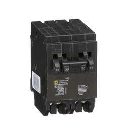 HOMT1515230CP – Tandem circuit breaker, Homeline, 2 x 1 pole at 15A, 1 x 2 pole at 30A, 120/240VAC, 10kA AIR, plug in, UL