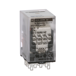 8501RS24V20 – Plug in relay, Type R, miniature, 0.167 HP at 120 VAC, 3A resistive at 277 VAC, 14 blade, 4PDT, 4 NO, 4 NC, 120 VAC coil