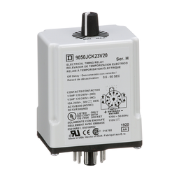 9050JCK23V20 – Timing Relay, Type JCK, plug In, off delay, adjustable time, 0.6 to 60 seconds, 10A, 240 VAC, 120 VAC/110 VDC