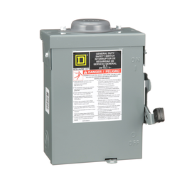 D221NRB – Safety switch, general duty, fusible, 30A, 2 pole, 7.5hp, 240VAC, NEMA 3R, bolt on provision, neutral factory installed