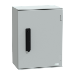 NSYPLM43VG – Wall mounted polyester enclosure, Thalassa PLM, plain door, with handle, 430x330x200mm, IP66, IK10, RAL 7035
