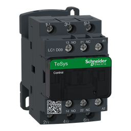 LC1D09L7 – IEC contactor, TeSys Deca, nonreversing, 9A, 5HP at 480VAC, up to 100kA SCCR, 3 phase, 3 NO, 200VAC 50/60Hz coil, open style