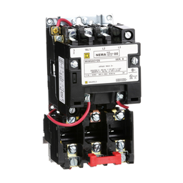 8536SAO12V01S – NEMA Motor Starter, Type S, nonreversing, Size 00, 9A, 2 HP at 460 VAC, 5 kA SCCR, 3 phase, 3 pole, melting alloy, 24 VAC coil, open