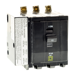 QOB3155252 – Mini circuit breaker, QO, 15A, 3 pole, 120/240VAC, 10kA, bolt on, AC shunt, ring