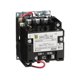 8502SAO12V02S – NEMA Contactor, Type S, nonreversing, Size 00, 9A, 3HP at 575VAC, 3 phase, up to 100kA, 3 pole, 120VAC coil, open