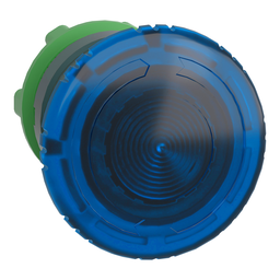 ZB5AW763 – Head for illuminated push button, Harmony XB5, plastic, blue mushroom 40mm, 22mm, latching turn to release, clear boot
