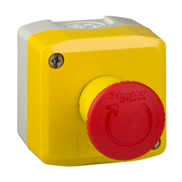 XALK178 – Complete control station, Harmony XALK, XALD, plastic, yellow lid, 1 red mushroom push button 40mm, turn to release, 1NC