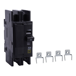 QOUR2203100 – Mini circuit breaker, QOU, 20A, 2 pole, 120/240 VAC, 10kA, field reversible lugs, mounting foot