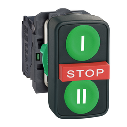 XB5AA731327 – Triple headed push button, Harmony XB5, plastic, 22mm, marked, 1 green flush I   1 red projecting STOP   1 green flush II, 2 NO   1 NC