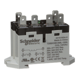 725BXXBC3ML-120A – Power relay, SE Relays, 25A, 2NO, 120VAC, LED push button, blade terminals, DIN or panel mount