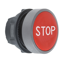 ZB5AA434C0 – Push button head, Harmony XB5, plastic, flush, red, 22mm, spring return, marked STOP, grey bezel