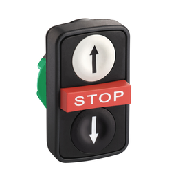 ZB5AA71124 – Triple headed push button head, Harmony XB5, plastic, 22mm, 1 white flush UP ARROW   1 red projecting STOP   1 black flush DOWN ARROW
