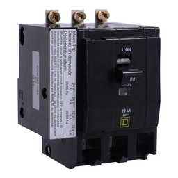 QOB3801042 – Mini circuit breaker, QO, 80A, 3 pole, 120/240VAC, 10kA, bolt on, AC/DC shunt