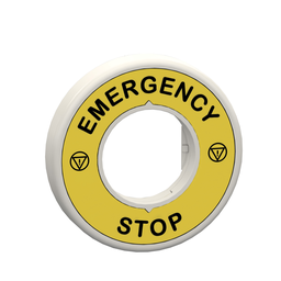 ZBY9W2B330 – Illuminated marked legend ring, Harmony XB5, 60mm, plastic, yellow, red fixed integral LED, marked EMERGENCY STOP, 24V AC DC
