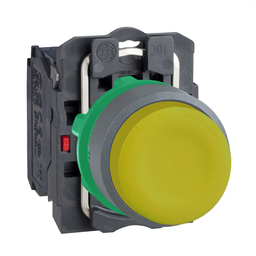 XB5AP51C0 – Push button, Harmony XB5, yellow projecting, grey bezel, 22mm, clear boot, spring return, 1NO, unmarked