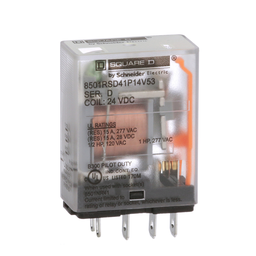 8501RSD41P14V53 – Plug in relay, Type R, miniature, 1 HP at 277 VAC, 15A resistive at 120 VAC, 5 blade, SPDT, 1 NO, 1 NC, 24 VDC coil