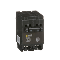 HOMT1515220CP – Tandem circuit breaker, Homeline, 2 x 1 pole at 15A, 1 x 2 pole at 20A, 120/240VAC, 10kA AIR, plug in, UL