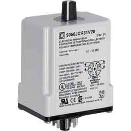 9050JCK31V20 – Timing Relay, Type JCK, plug In, interval, adjustable time, 0.1 to 10 seconds, 10A, 240VAC, 120VAC/110VDC