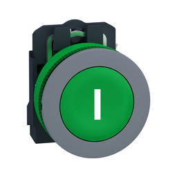XB5FA3311C0 – Push button, Harmony XB5, antimicrobial, grey bezel, green flush, 30mm, spring return, 1NO, marked I