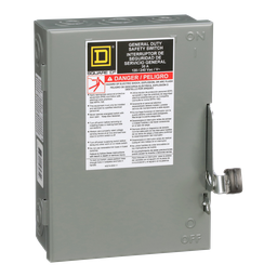 D211N – Safety switch, general duty, fusible, 30A, 2 pole, 3hp, 120VAC, NEMA 1, neutral factory installed