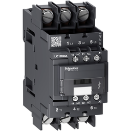LC1D80A6LE7 – IEC contactor, TeSys Deca, nonreversing, 80A, 40HP at 480VAC, 3 phase, 3 pole, 3 NO, 208VAC 50/60Hz coil, open style