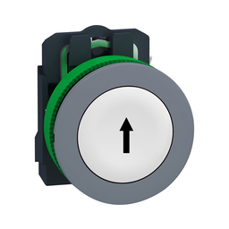 XB5FA3341C0 – Push button, Harmony XB5, flush mounted, plastic, white, 30mm, spring return, marked with black up arrow, 1 NO, grey color plated bezel