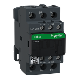 LC1D32B7 – IEC contactor, TeSys Deca, nonreversing, 32A, 20HP at 480VAC, up to 100kA SCCR, 3 phase, 3 NO, 24VAC 50/60Hz coil, open
