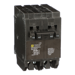 HOMT1515240 – Tandem circuit breaker, Homeline, 2 x 1 pole at 15A, 1 x 2 pole at 40A, 120/240VAC, 10kA AIR, plug in, UL