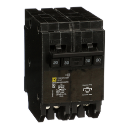 HOMT220230 – Quad tandem circuit breaker, Homeline, 1 x 2 pole at 20A, 1 x 2 pole at 30A, 120/240 V, 10kA AIR, plug in, UL