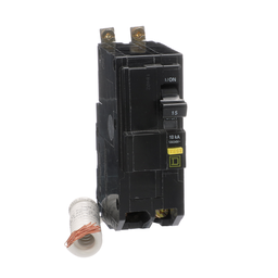 QOB215GFI – Mini circuit breaker, QO, 15A, 2 pole, 120/240VAC, 10kA, bolt on, 6mA grd fault A, pigtail