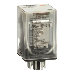 8501KPDR12P14V51 – Plug in relay, Type KP, tubular, 1 HP at 277 VAC, 10A resistive at 120 VAC, 8 pin, DPDT, 2 NO, 2 NC, 12 VDC coil, light