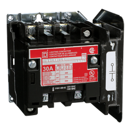 8903SMO3V02 – Contactor, Type S, multipole lighting, electrically held, 30A, 4 pole, 110/120VAC 50/60Hz coil, open style