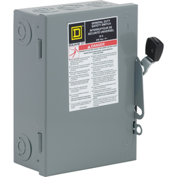 CD221N – Safety switch, general duty, fusible, 30A, 120/240 VAC, 2 poles, 7.5 hp, solid neutral, NEMA 1